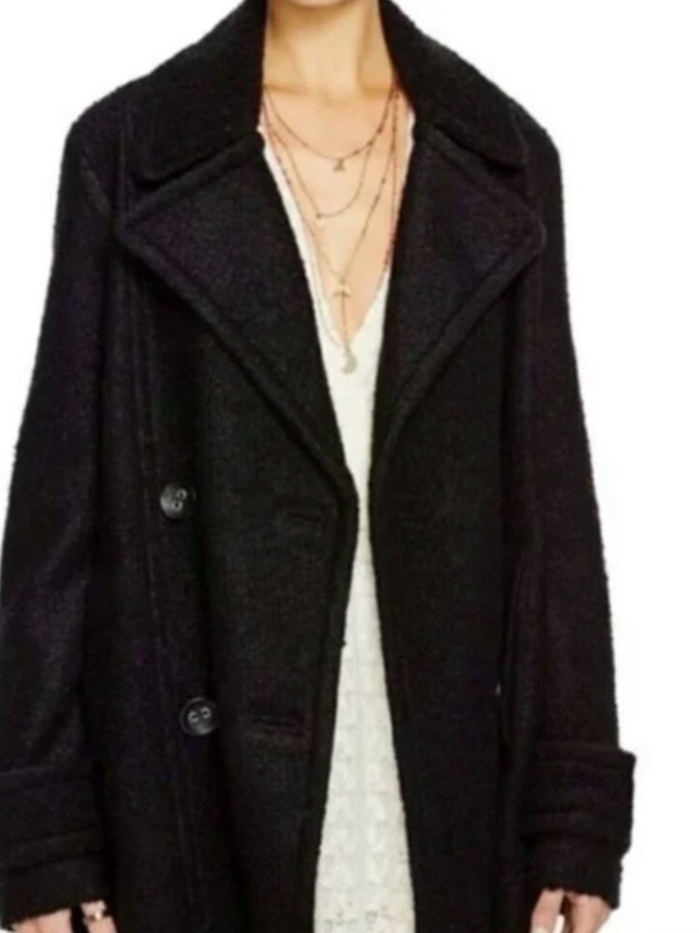 Free People Black Boucle Pea Coat